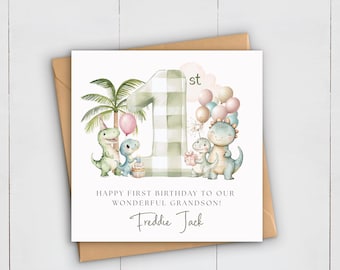 Tarjeta de primer cumpleaños de dinosaurio para nieto, diseño de acuarela