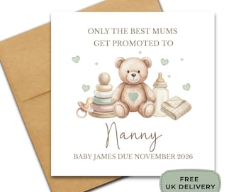 Tarjeta de anuncio de embarazo para niñera, Revelación de bebé adorable, Ascendida a niñera, Tarjeta de fecha de parto,