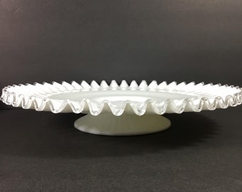 Sandwich Plate Cake Plate Silver Crest by FENTON 13 inches diameter white milk glass gift photo prop Service plate