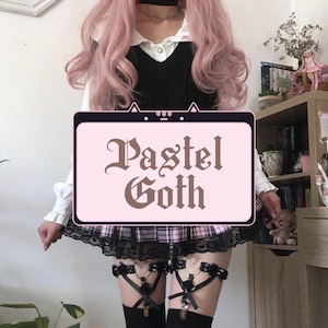 May include: A person wearing a black and white outfit with a pink and black plaid skirt. The person is wearing black garters with heart-shaped charms. The person is standing in front of a bookshelf with a sign that says "Pastel Goth".