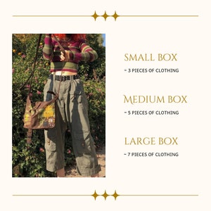 May include: A person wearing a green and red striped long-sleeved shirt, a black belt, and green cargo pants. They are carrying a brown and green patterned shoulder bag. The image includes text that says "SMALL BOX - 3 PIECES OF CLOTHING", "MEDIUM BOX - 5 PIECES OF CLOTHING", and "LARGE BOX - 7 PIECES OF CLOTHING".