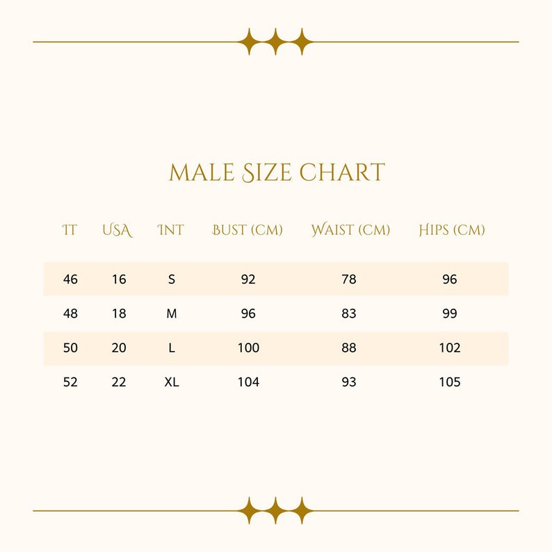 May include: A size chart for men's clothing with columns for Italian, US, and International sizes. The chart also includes measurements in centimeters for bust, waist, and hips.