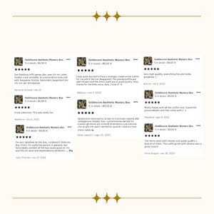 May include: A collage of customer reviews for a Goblincore Aesthetic Mystery Box. The reviews are positive and highlight the quality of the clothing and the overall experience. The box is available for &euro;85.00.