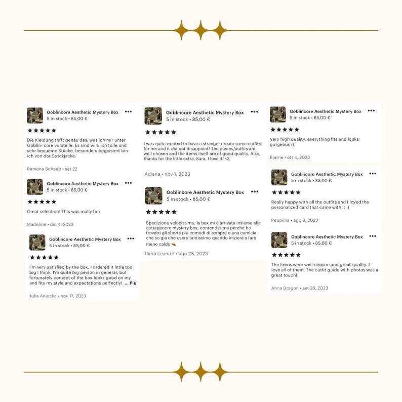 May include: A collage of customer reviews for a Goblincore Aesthetic Mystery Box. The reviews are positive and highlight the quality of the clothing and the overall experience. The box is available for &euro;85.00.