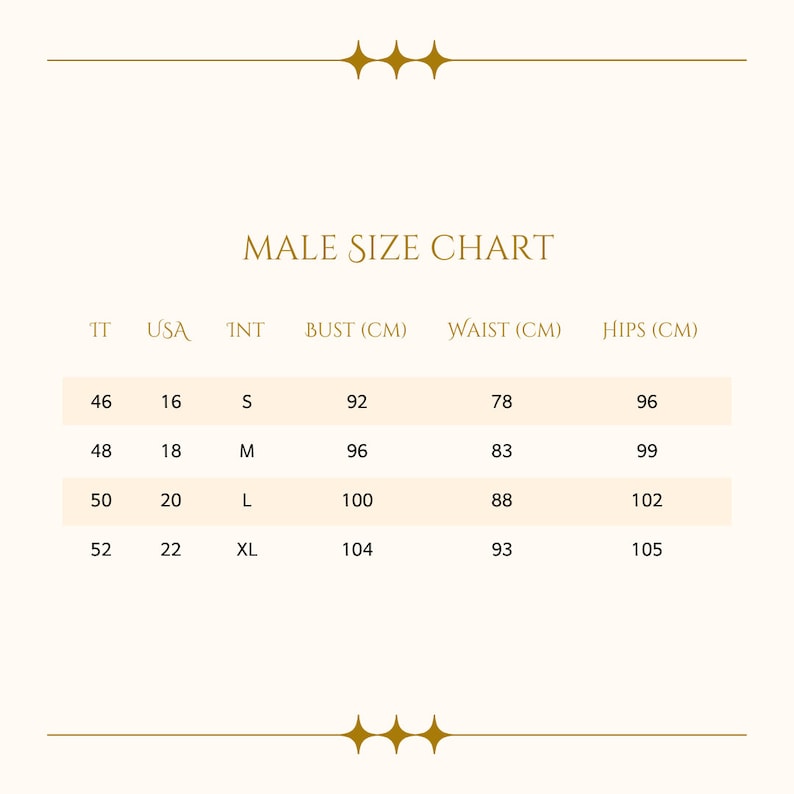 May include: A male size chart with measurements in centimeters. The chart includes sizes from S to XL, with corresponding bust, waist, and hip measurements. The chart also includes USA and IT sizes.