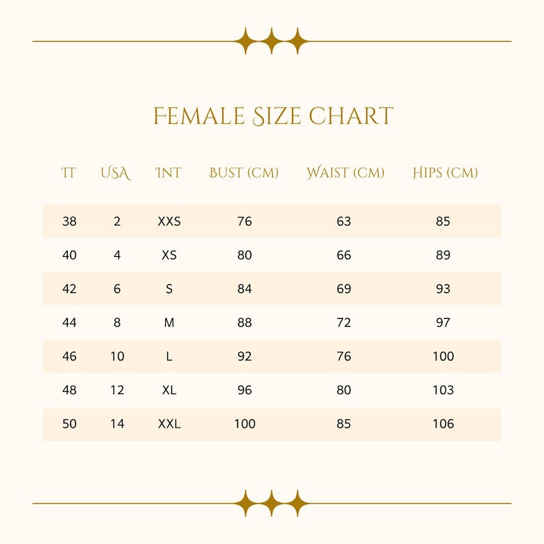 May include: A size chart for women's clothing with measurements in centimeters. The chart includes sizes from XXS to XXL, with corresponding bust, waist, and hip measurements.