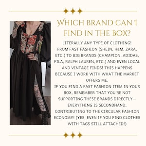 May include: A black dress with a floral bodice and long sleeves. The text on the image reads, "WHICH BRAND CAN I FIND IN THE BOX?" and lists various clothing brands and the concept of secondhand fashion.