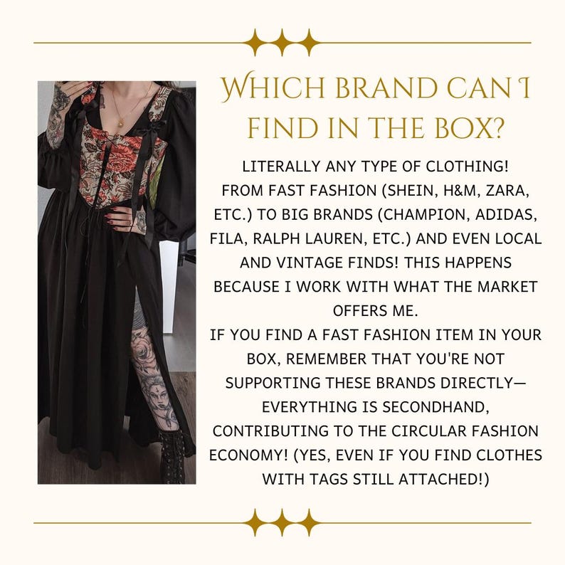 May include: A black dress with a floral bodice and long sleeves. The text on the image reads, "WHICH BRAND CAN I FIND IN THE BOX?" and lists various clothing brands and the concept of secondhand fashion.