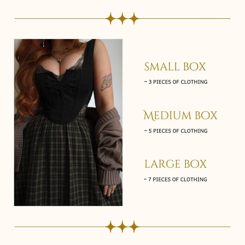 May include: A black corset top with lace detailing is paired with a green plaid skirt. The image includes text that reads "SMALL BOX - 3 PIECES OF CLOTHING", "MEDIUM BOX - 5 PIECES OF CLOTHING", and "LARGE BOX - 7 PIECES OF CLOTHING".
