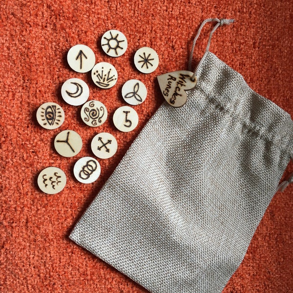 Set of Wooden Witches Runes & Hessian Bag