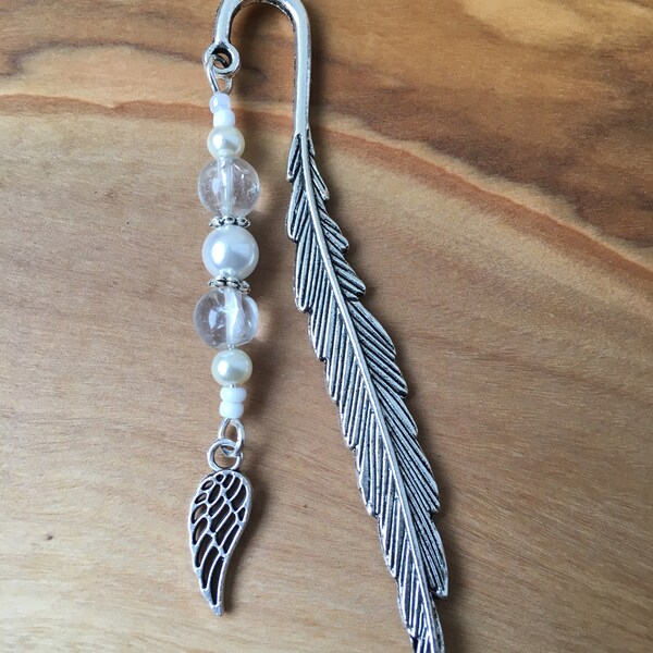 Tibetan Silver 'Feather' Bookmark with Clear Quartz Crystal & Angel Wing