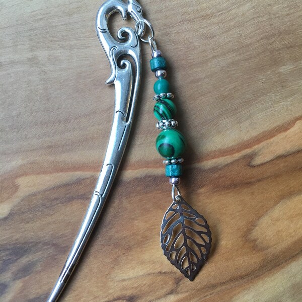 Tibetan Silver 'Phoenix' Bookmark with Green Malachite Crystal & Leaf