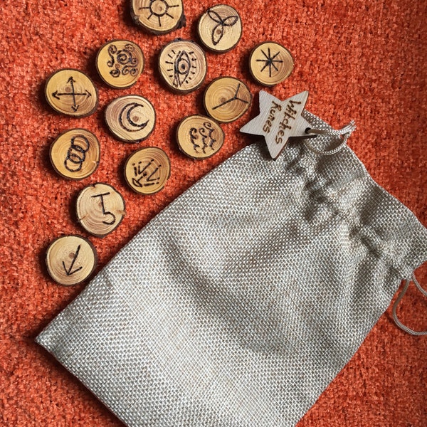 Set of Natural Wood Witches Runes & Hessian Bag