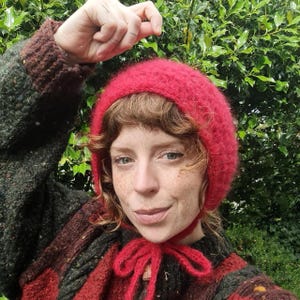 Red Crochet Bonnet Hat, Mohair Blend, Pixie Style, 90s Y2K Cottagecore, Handmade in Wales