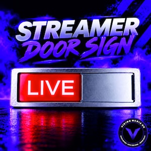 Op de afbeelding: Een rechthoekig streamer-deurbord met een schuifpaneelmechanisme. De linkerkant toont het woord LIVE in dikke witte letters op een helderrode achtergrond. De rechterkant is een grijs metalen paneel. De achtergrond is blauwe rook.