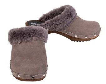 Warm Winter Sheepskin Fur Women Clogs, Wooden Clogs, High Heel Clogs, Leather Clogs, Clog, Buts, Wood Soles, Heels, Swedish Clogs Gray