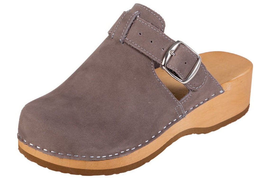leather clogs with wooden heels