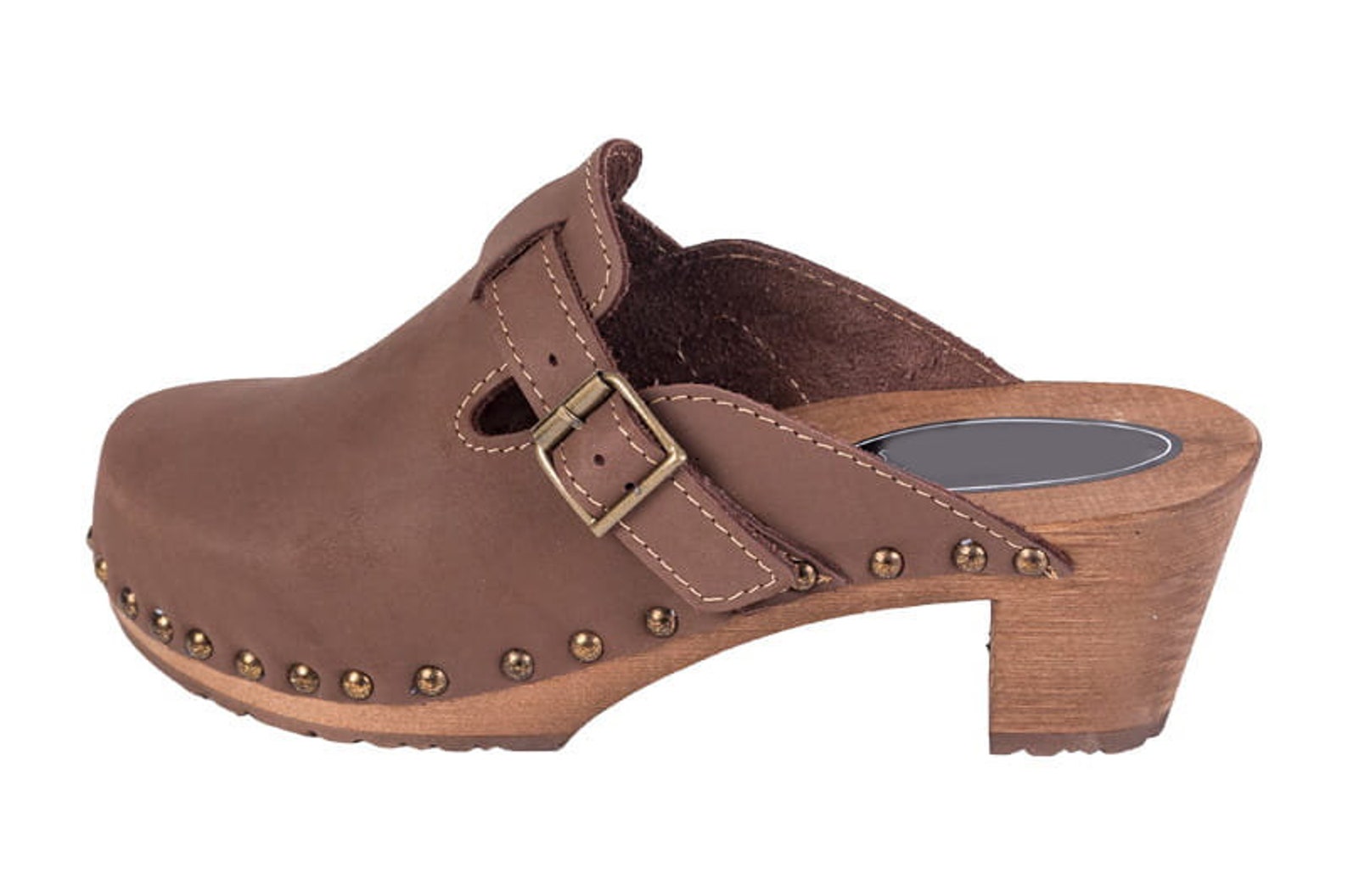 leather clogs with wooden heels