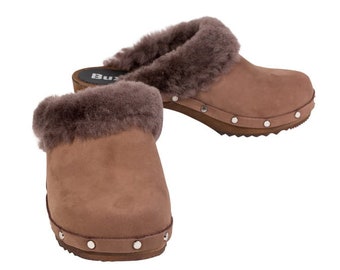 Warm Winter Sheepskin Fur Women Clogs, Wooden Clogs, High Heel Clogs, Leather Clogs, Clog, Buts, Wood Soles, Heels, Swedish Clogs Brown