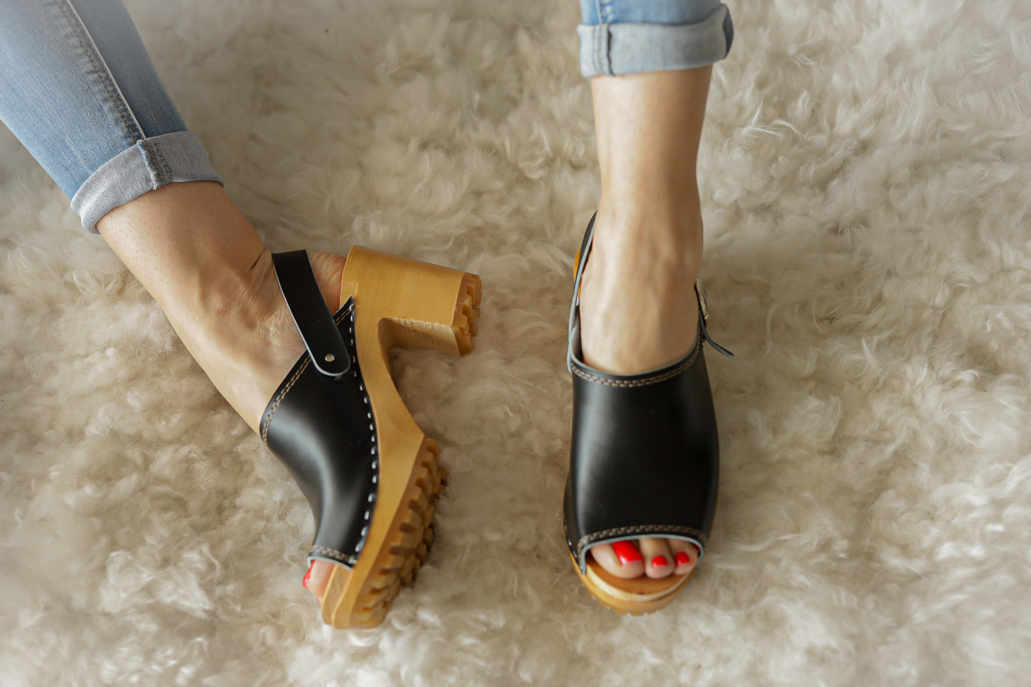 leather clogs with wooden heels