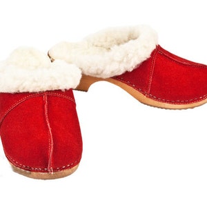 Warm Winter Sheepskin Fur Women Clogs, Wooden Clogs, High Heel Clogs, Leather Clogs, Clog, Buts, Wood Soles, Heels, Swedish Clogs Red