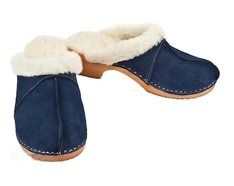 Warm Winter Sheepskin Fur Women Clogs, Wooden Clogs, High Heel Clogs, Leather Clogs, Clog, Buts, Wood Soles, Heels, Swedish Clogs Blue