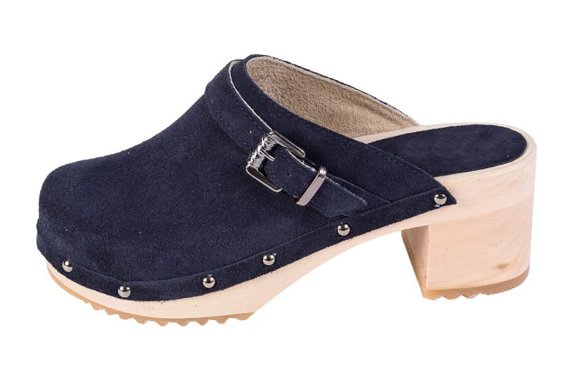 leather clogs with wooden heels