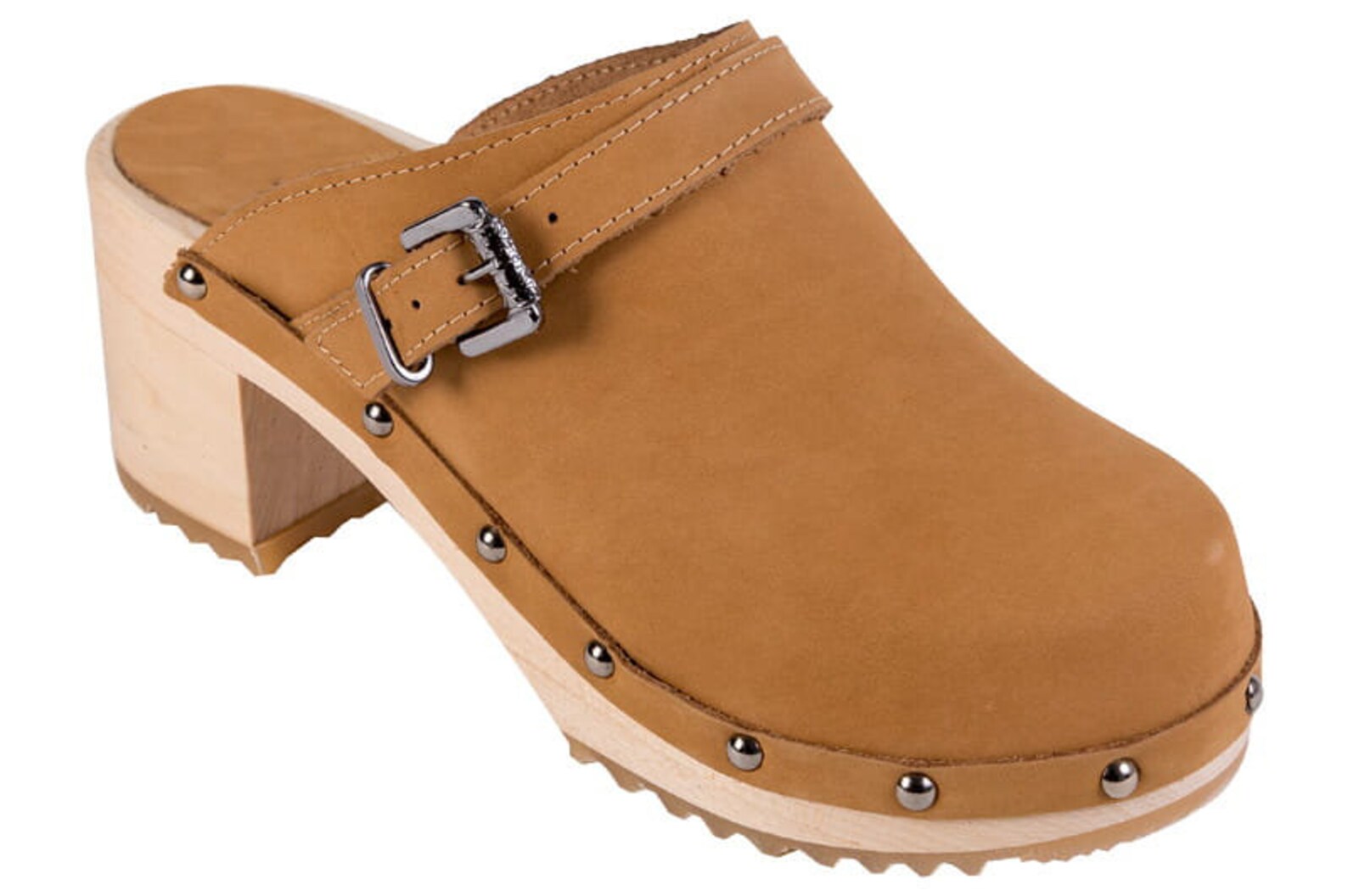 leather clogs with wooden heels