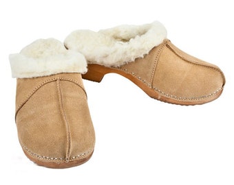 Warm Winter Sheepskin Fur Women Clogs, Wooden Clogs, High Heel Clogs, Leather Clogs, Clog, Buts, Wood Soles, Heels, Swedish Clogs Beige