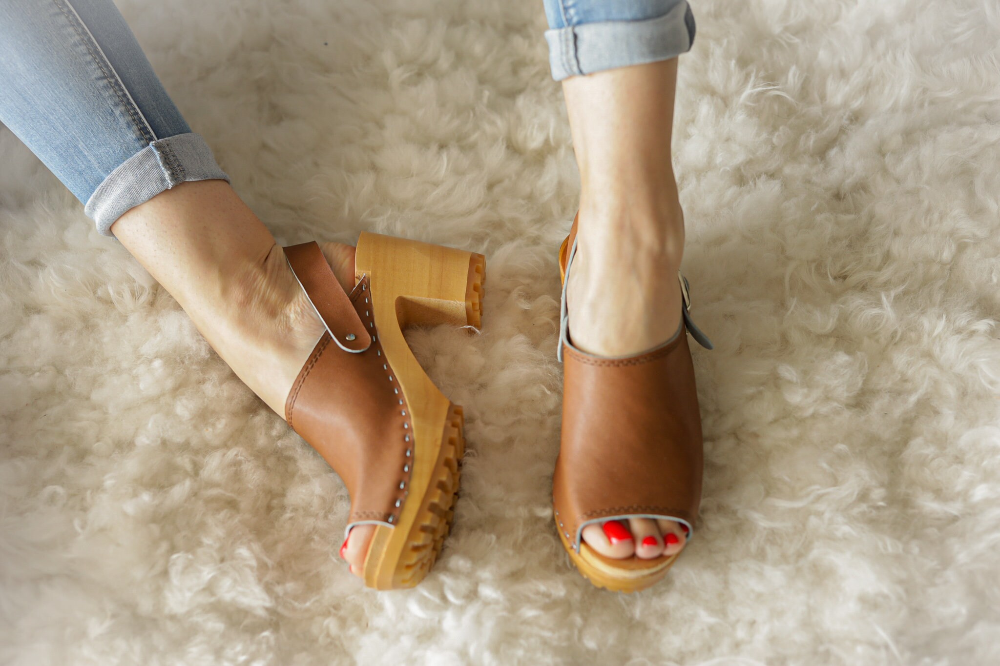 leather clogs with wooden heels