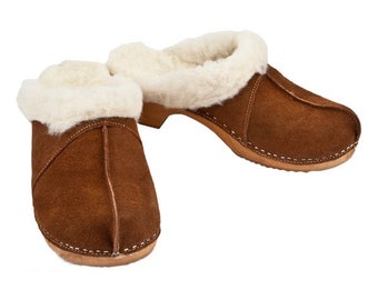 Warm Winter Sheepskin Fur Women Clogs, Wooden Clogs, High Heel Clogs, Leather Clogs, Clog, Buts, Wood Soles, Heels, Swedish Clogs Brown