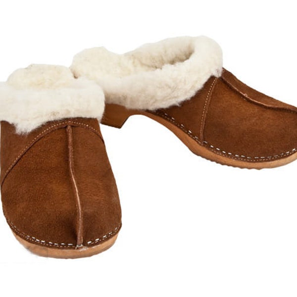 Warm Winter Sheepskin Fur Women Clogs, Wooden Clogs, High Heel Clogs, Leather Clogs, Clog, Buts, Wood Soles, Heels, Swedish Clogs Brown