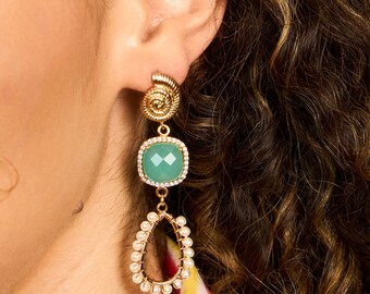 Boucles d'oreilles coquillage plaquées or 18 carats : pendentif pierre gemme CZ turquoise