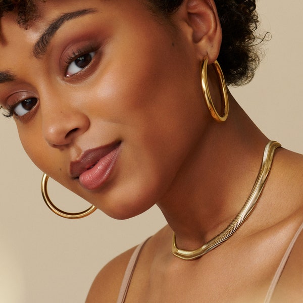 Gold Herringbone Chain Necklace: 18k Plated Snake Chain, 15 inch