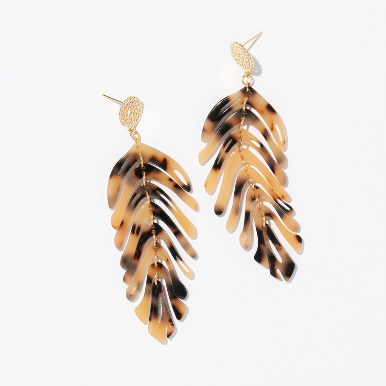 Statement Earrings, Art Deco Earrings, Dangle Earrings, Boho Earrings, Leaf Earrings, Gold Leaf Earrings, 18K Gold Plated Brown