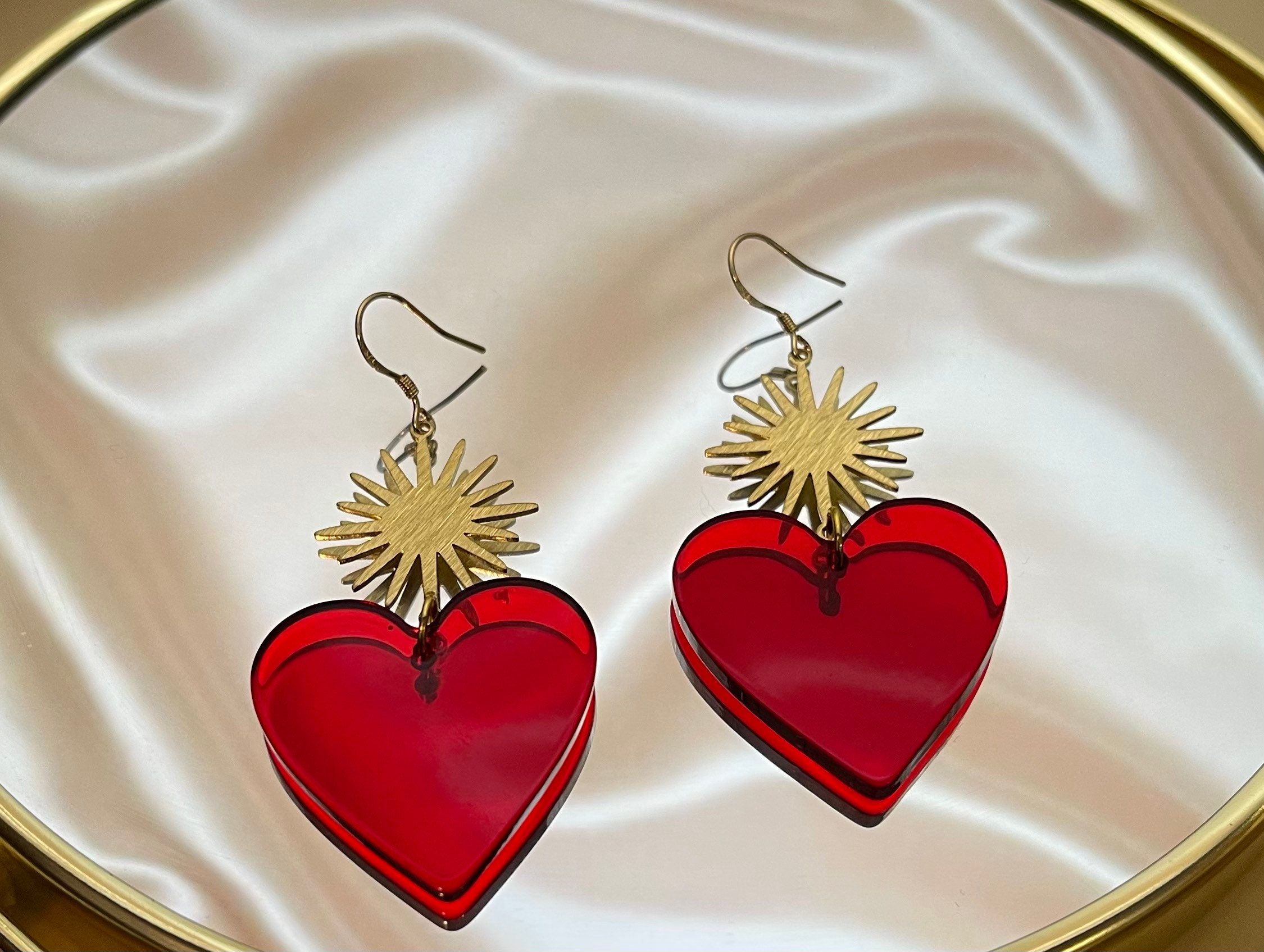 RED HEART EARRINGS - Heart Charm Earrings - Women Heart Earrings - Re…