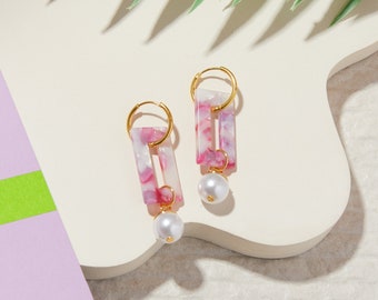 Modern Acrylic Dangle Earrings: Resin Rectangle, Pearl Drop