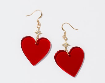 RED HEART EARRINGS - Statement Earrings for Women - Heart Charm Earrings - Women Heart Earrings - Resin Heart Charm Earrings