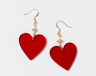 Red Resin Heart Earrings: Gold Plated Star Charm, Statement Jewelry