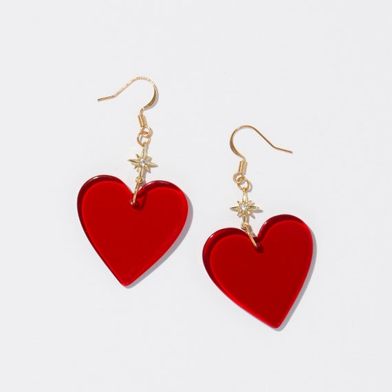 Hearts ~ Red Dangling Valentine Earrings for Pierced Ears : LILIEN