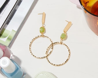 Green Stone Earrings - Fashion Hoops - Gold Earrings – Gold Natural Stone Earrings – Fun Gemstone Earrings – Jade Earrings