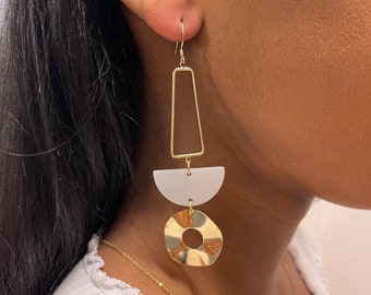 GOLD BRASS EARRINGS - White Resin Earrings - Gold Plated Brass Drop Earrings - Loved One Gift - 18k Gold Plated Minimalist Jewelry