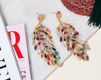 Boucles d'oreilles feuille de Monstera : pendants d'oreilles en résine avec tige plaquée or 18 carats