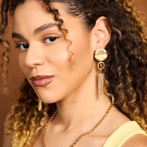 Gold Plated Dangle Drop Earrings: Gemstone Tassel, 3.5 Inch