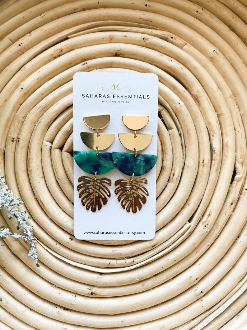 Resin Earrings Green and Gold Earrings