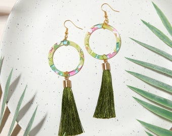 Long Tassel Earrings – Statement Earrings – Artisan Jewelry – Boho Earrings – Dangle Drop Earrings – Green Earrings