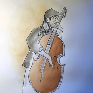 Man playing the bass original watercolor A3 image 2