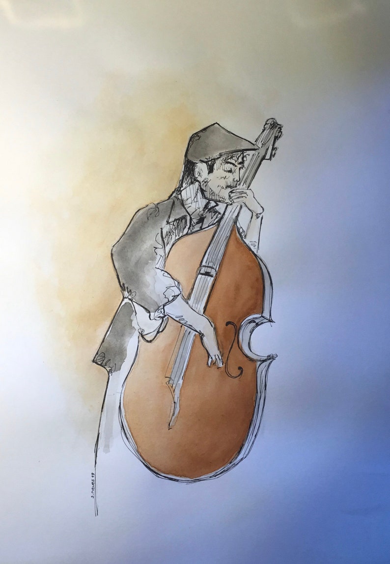 Man playing the bass original watercolor A3 image 2