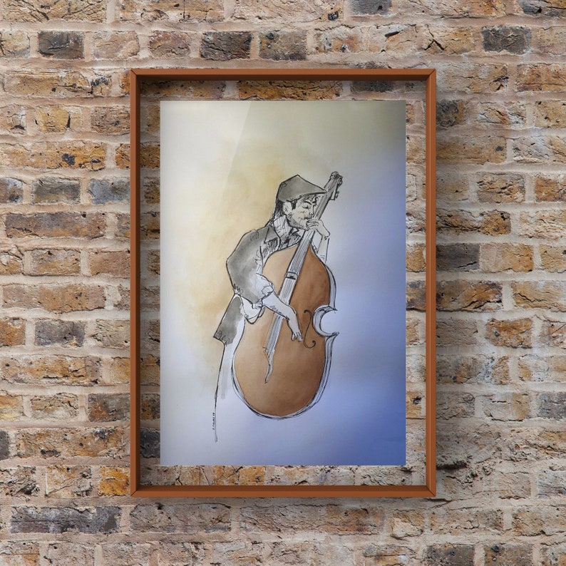 Man playing the bass original watercolor A3 image 1