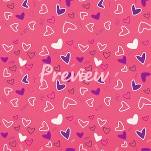 May include: A pink background with a pattern of hearts in white, purple, and pink. The hearts are scattered across the surface, with some outlined and others solid. Small text includes "XOXO", "Kiss Me", and "Hugs".